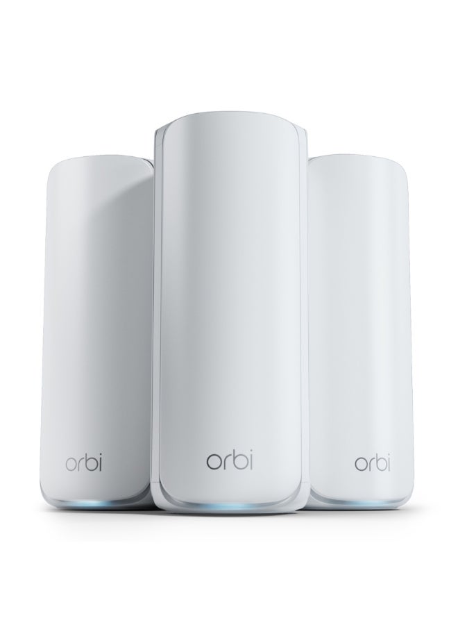 NETGEAR - ORBI 770 SERIES TRI-BAND WIFI 7 MESH SYSTEM - Router + 2 Satellite Extenders - Covers up to 8,000 sq. ft., 100 Devices - 2.5 Gig Internet Port - BE11000 802.11be (up to 11Gbps) – 3 PACK White - Image 1