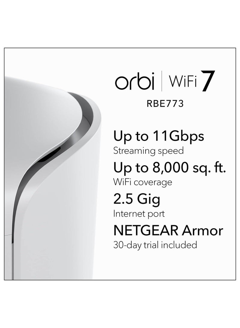 نت جير نظام واي فاي 7 ثلاثي النطاق ORBI 770 SERIES - جهاز توجيه + 2 موسعات ساتلية - يغطي حتى 8,000 قدم مربع، 100 جهاز - منفذ إنترنت 2.5 جيج - BE11000 802.11be (حتى 11 جيجابت في الثانية) - 3 عبوة - Image 3