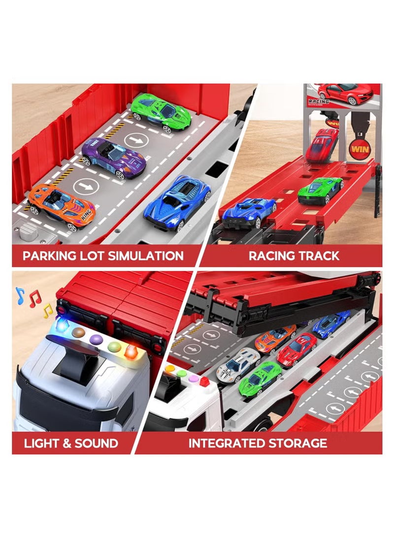 روك بو Race Car Track Toy Truck Toy with Slots & Foldable Race Tracks Transport Car Carrier Toy for Toddlers Cars Toy Set Container Truck Toy with 8 Alloy Cars Vehicles Toy Set for 3+ Kids Boys Girls  - Image 3