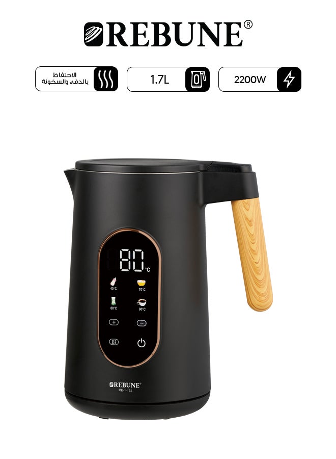 REBUNE Electric Stainless Steel Kettle with Touchscreen LED Display, 1.7 L 2200 W RE-1-132 Black  - Image 1