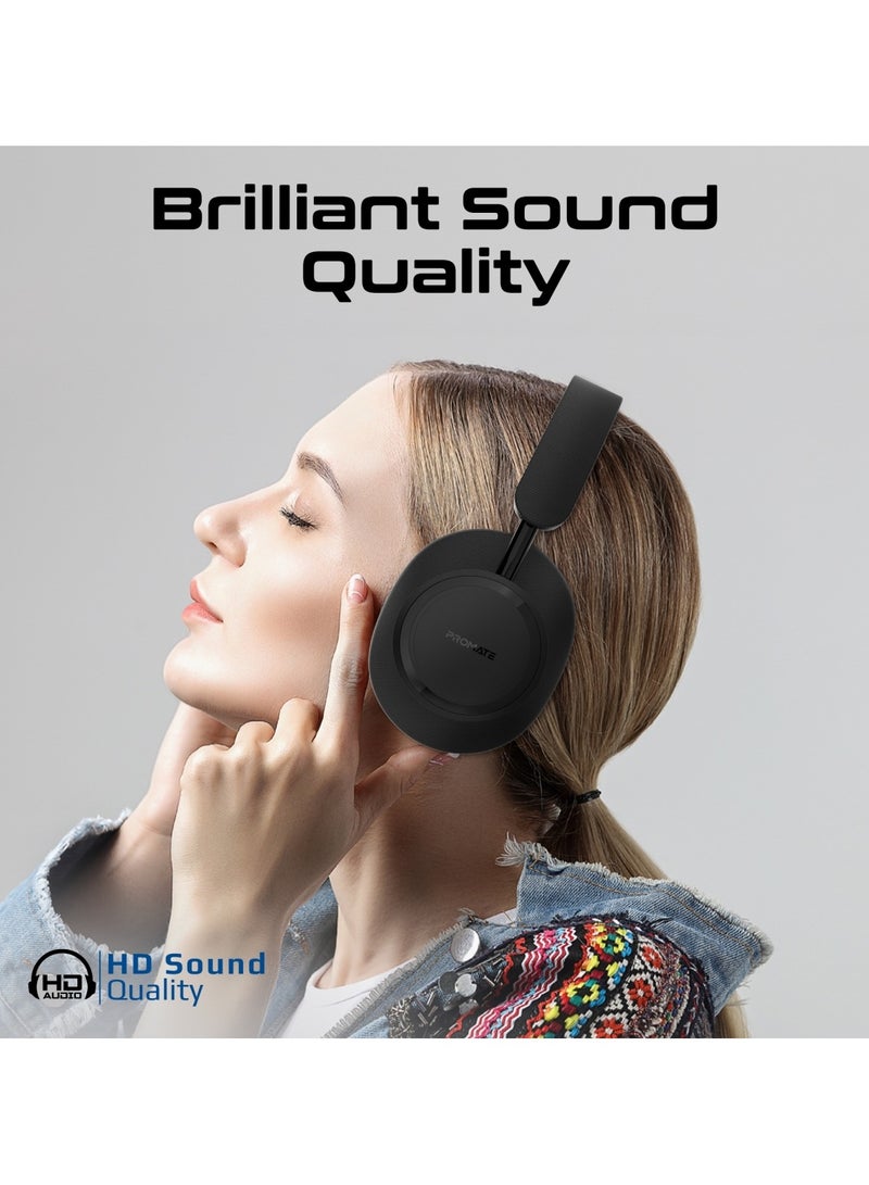 PROMATE High Fidelity On-Ear Wireless Headphones with Crystal-Clear Sound Quality, 12-Hour Playtime, Superior Voice Clarity, Wired and Wireless Modes, Cushioned Earpads, Adjustable Headband, Fabric and Leather Design, Takt Black  - Image 2