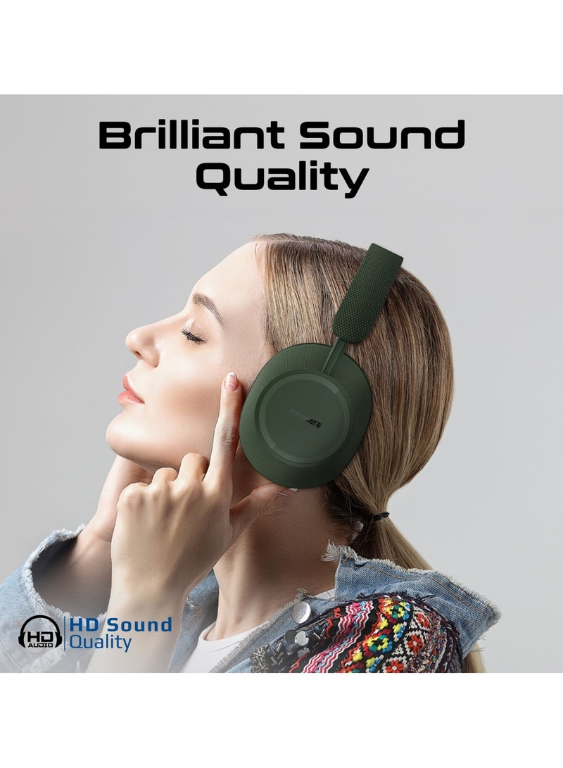 PROMATE High Fidelity On-Ear Wireless Headphones with Crystal-Clear Sound Quality, 12-Hour Playtime, Superior Voice Clarity, Wired and Wireless Modes, Cushioned Earpads, Adjustable Headband, Fabric and Leather Design, Takt Midnight Green  - Image 2