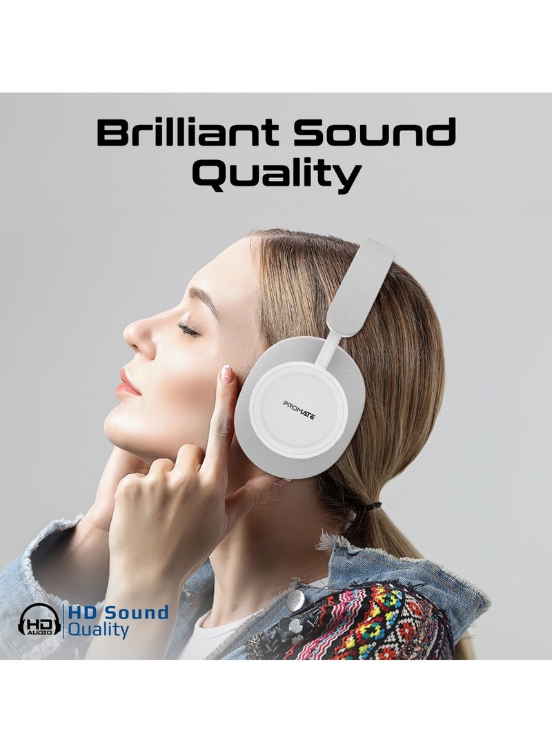 PROMATE High Fidelity On-Ear Wireless Headphones with Crystal-Clear Sound Quality, 12-Hour Playtime, Superior Voice Clarity, Wired and Wireless Modes, Cushioned Earpads, Adjustable Headband, Fabric and Leather Design, Takt White  - Image 2