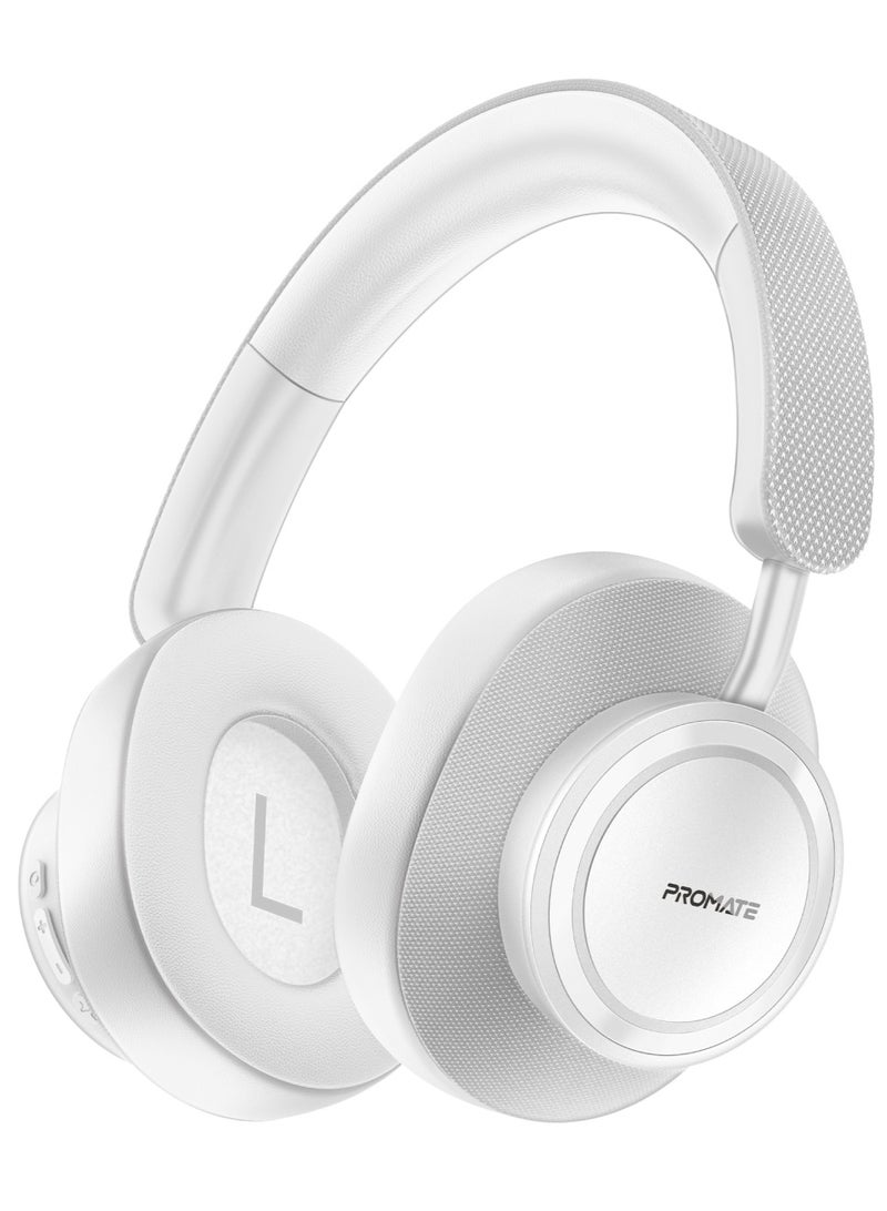PROMATE High Fidelity On-Ear Wireless Headphones with Crystal-Clear Sound Quality, 12-Hour Playtime, Superior Voice Clarity, Wired and Wireless Modes, Cushioned Earpads, Adjustable Headband, Fabric and Leather Design, Takt White  - Image 1