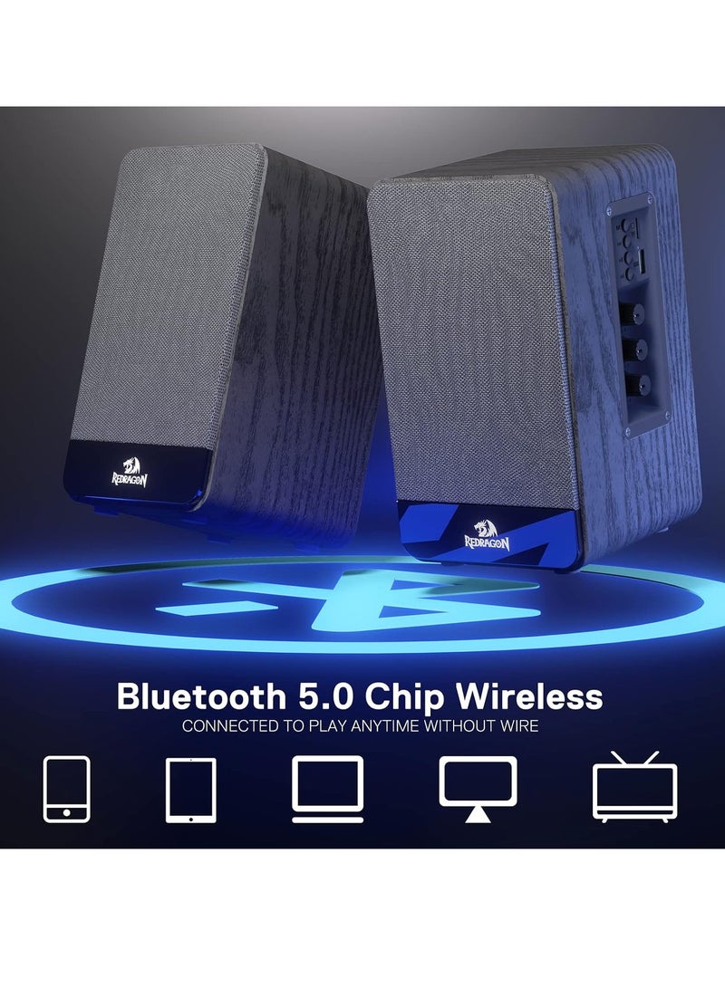 REDRAGON - GS813 Wireless Desktop Speakers, 2.0 Channel Bookshelf Speaker with Powerful 20W Output, BT 5.0/3.5mm AUX Connection, Enhanced Bass/Treble Knob Control and TF Card/USB Flash Drive Supported - Image 1