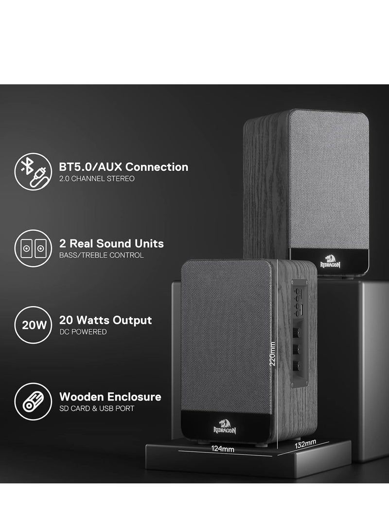 REDRAGON - GS813 Wireless Desktop Speakers, 2.0 Channel Bookshelf Speaker with Powerful 20W Output, BT 5.0/3.5mm AUX Connection, Enhanced Bass/Treble Knob Control and TF Card/USB Flash Drive Supported - Image 1
