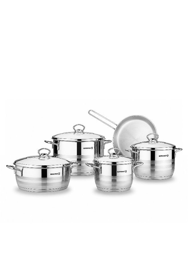 Korkmaz Astra 9 Pieces Stainless Steel Cookware Set |Stainless Steel Tri-Ply Sandwich Base | Induction Compatible Pots and Pans Set | Silver -  KA2020 Silver Silver - Image 1