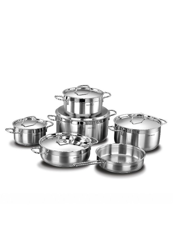 Korkmaz Alfa XL 11 Pieces Stainless Steel Cookware Set | Stainless Steel Tri-Ply Sandwich Base | Induction Compatible Pots and Pans Set | Silver -KA1641 High polished stainless steel - Image 1