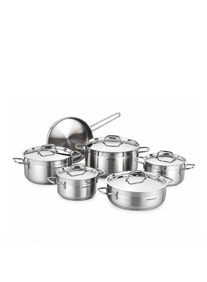 Korkmaz Alfa Plus 11 Pieces Stainless Steel Cookware Set | Stainless Steel Tri-Ply Sandwich Base | Induction Compatible Pots and Pans Set | Silver - KA1610 Silver Silver - Image 1