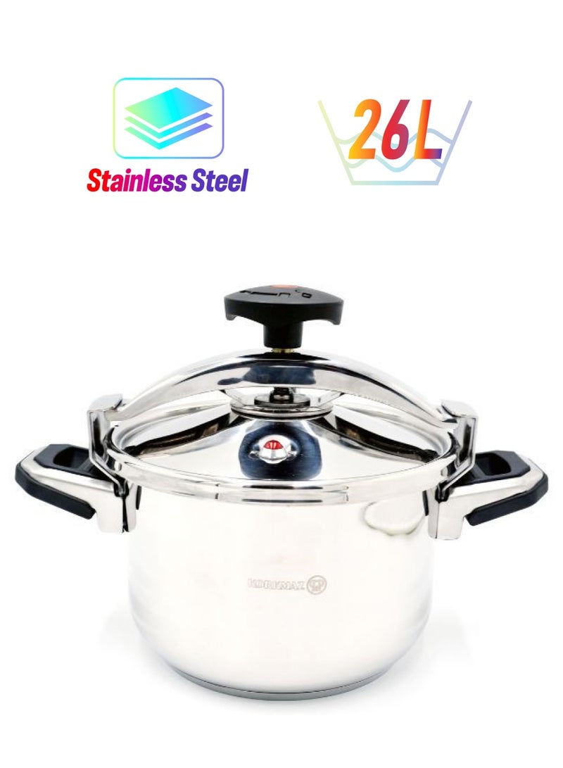 Korkmaz Pressa Stainless Steel Pressure Cooker 26L |  Stainless Steel Tri-Ply Sandwich Base | Induction Compatible Turkish Pressure Cooker with Heavy Lid | KA773-07 Stainless Steel 26Liters - Image 1