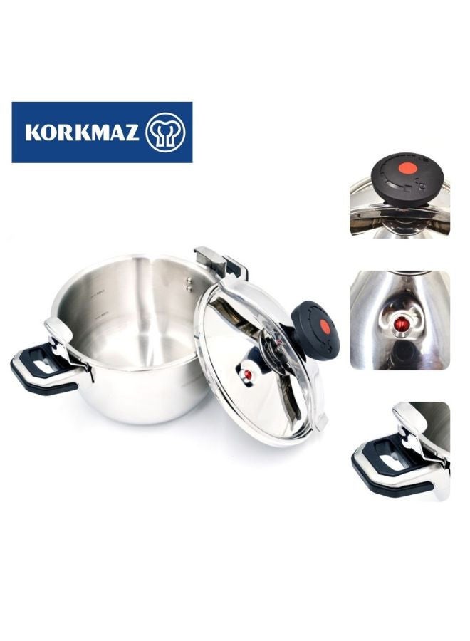 كوركماز Pressa Stainless Steel Pressure Cooker 13L | Aluminium Capsul Base Turkish Pressure Cooker with Heavy Lid | Induction Base Cooker | KA773-01 Stainless Steel - Image 5