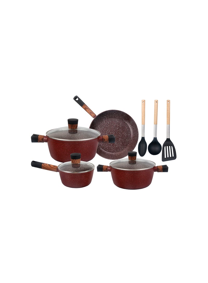 Royalford 10-piece Chef Choice Non-Stick Cookware Set- RF12491/ Forged Aluminum Body, Granite Coated with 2.5 mm Thickness, Induction Base, Wooden-Finish Bakelite Handles and Glass Lid/ Includes Casserole, Fry Pan, Saucepan, 3 Nylon Tool Maroon - Image 1