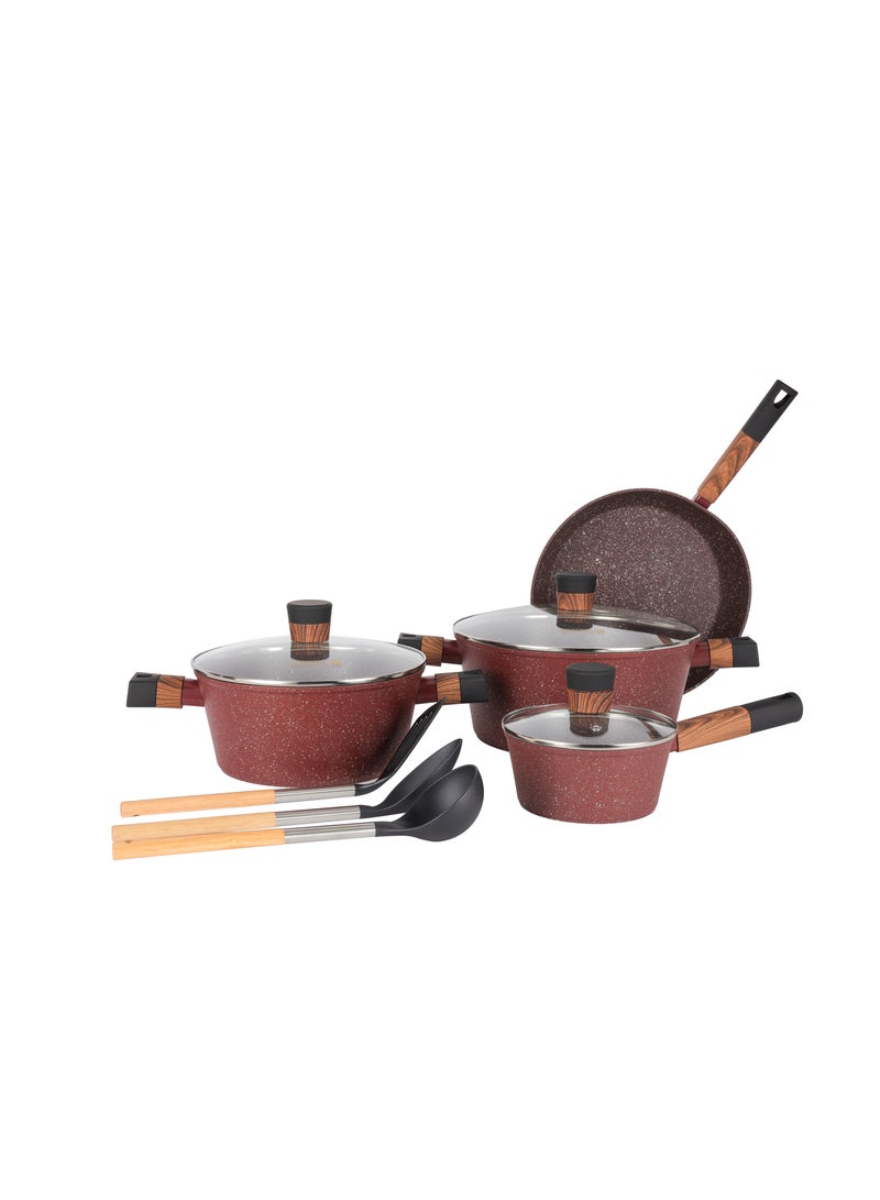 Royalford 10-piece Chef Choice Non-Stick Cookware Set- RF12491/ Forged Aluminum Body, Granite Coated with 2.5 mm Thickness, Induction Base, Wooden-Finish Bakelite Handles and Glass Lid/ Includes Casserole, Fry Pan, Saucepan, 3 Nylon Tool Maroon - Image 3