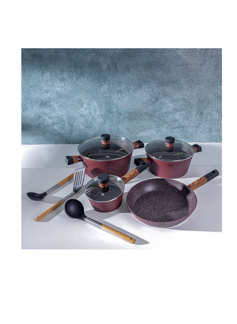 Royalford 10-piece Chef Choice Non-Stick Cookware Set- RF12491/ Forged Aluminum Body, Granite Coated with 2.5 mm Thickness, Induction Base, Wooden-Finish Bakelite Handles and Glass Lid/ Includes Casserole, Fry Pan, Saucepan, 3 Nylon Tool Maroon - Image 5