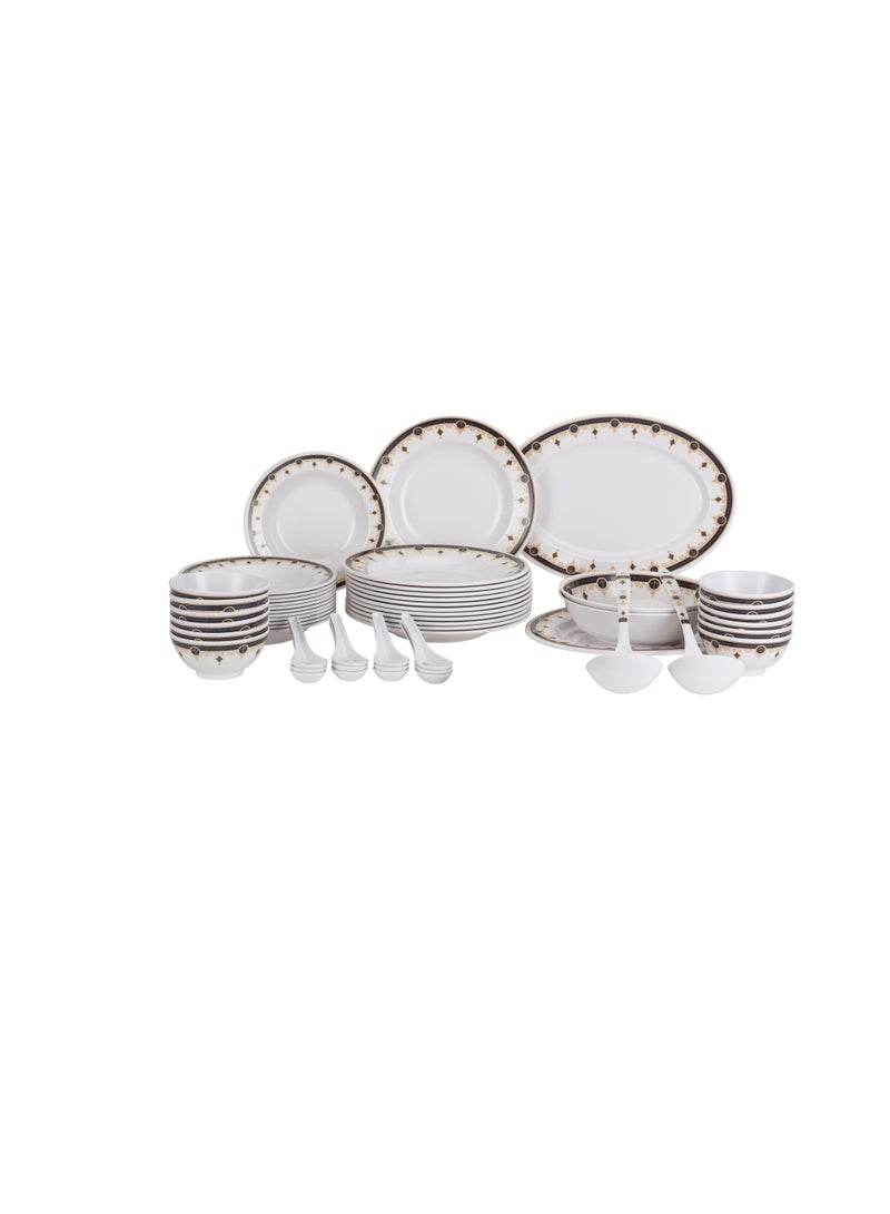 Royalford - 56-Piece Melamlne Dinner Set With 2X36 Cm Oval Plate, 12X25 Cm Deep Plate, 12X20 Cm Deep Plate, 12X12 Cm Round Bowl, 2X22 Cm Serving Bowl, 2 X Rice Spoon, 2 X Ladle, 12Xsoup Spoon, Serves 12 For Famlly Gatherings, White Multicolor - Image 1