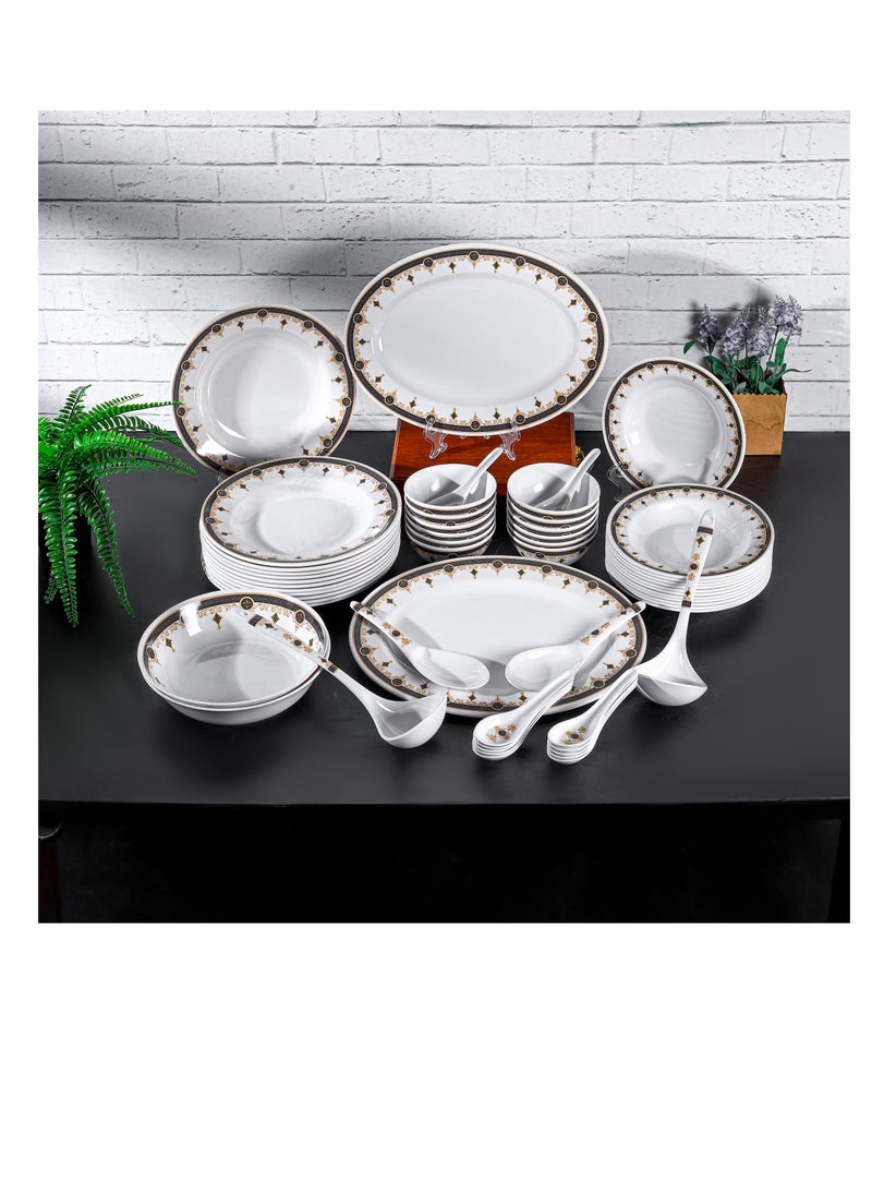 Royalford - 56-Piece Melamlne Dinner Set With 2X36 Cm Oval Plate, 12X25 Cm Deep Plate, 12X20 Cm Deep Plate, 12X12 Cm Round Bowl, 2X22 Cm Serving Bowl, 2 X Rice Spoon, 2 X Ladle, 12Xsoup Spoon, Serves 12 For Famlly Gatherings, White Multicolor - Image 1