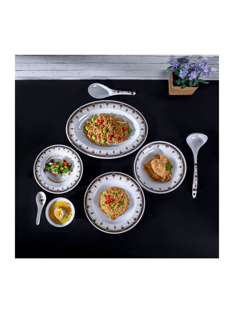 Royalford - 56-Piece Melamlne Dinner Set With 2X36 Cm Oval Plate, 12X25 Cm Deep Plate, 12X20 Cm Deep Plate, 12X12 Cm Round Bowl, 2X22 Cm Serving Bowl, 2 X Rice Spoon, 2 X Ladle, 12Xsoup Spoon, Serves 12 For Famlly Gatherings, White Multicolor - Image 1
