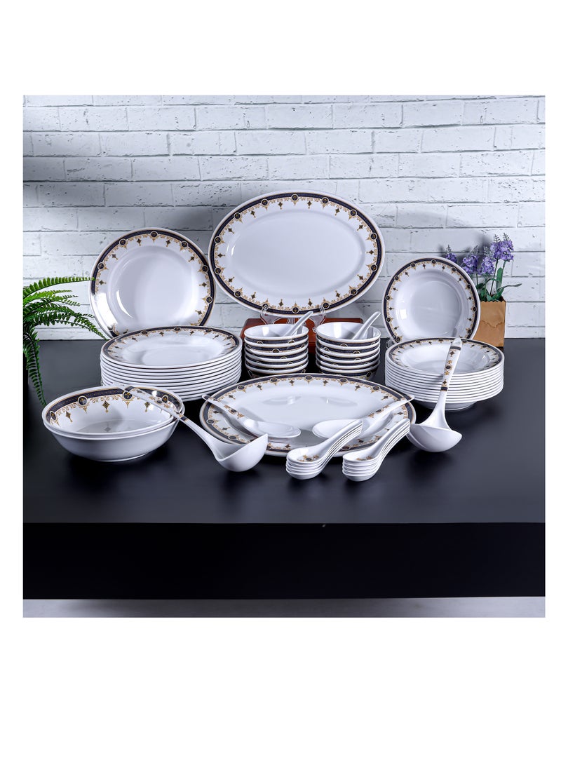 Royalford - 56-Piece Melamlne Dinner Set With 2X36 Cm Oval Plate, 12X25 Cm Deep Plate, 12X20 Cm Deep Plate, 12X12 Cm Round Bowl, 2X22 Cm Serving Bowl, 2 X Rice Spoon, 2 X Ladle, 12Xsoup Spoon, Serves 12 For Famlly Gatherings, White Multicolor - Image 1