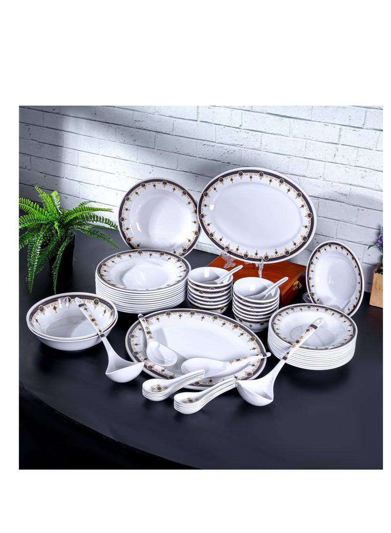 Royalford - 56-Piece Melamlne Dinner Set With 2X36 Cm Oval Plate, 12X25 Cm Deep Plate, 12X20 Cm Deep Plate, 12X12 Cm Round Bowl, 2X22 Cm Serving Bowl, 2 X Rice Spoon, 2 X Ladle, 12Xsoup Spoon, Serves 12 For Famlly Gatherings, White Multicolor - Image 1