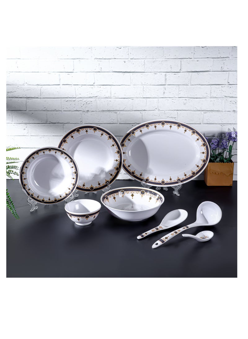 Royalford - 56-Piece Melamlne Dinner Set With 2X36 Cm Oval Plate, 12X25 Cm Deep Plate, 12X20 Cm Deep Plate, 12X12 Cm Round Bowl, 2X22 Cm Serving Bowl, 2 X Rice Spoon, 2 X Ladle, 12Xsoup Spoon, Serves 12 For Famlly Gatherings, White Multicolor - Image 1