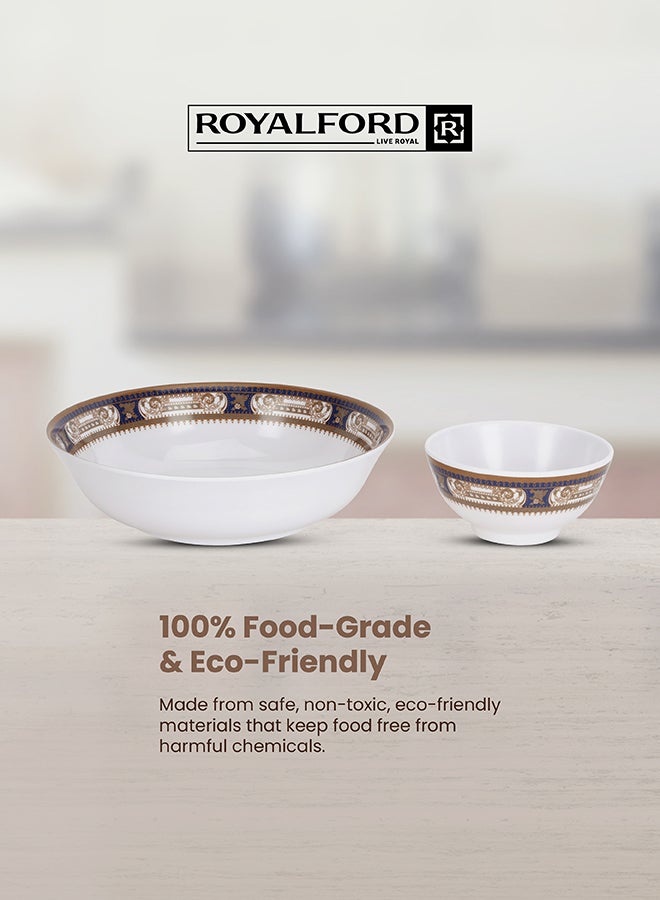 رويال فورد طقم عشاء مكون من 56 قطعة من الميلامين مع 2 صحن بيضاوي 36 سم، 12 صحن عميق 25 سم، 12 صحن عميق 20 سم، 12 وعاء دائري 11 سم، 2 وعاء تقديم 22 سم، 2 ملعقة أرز، 2 مغرفة، 12 ملعقة شوربة 14 سم، يخدم 12 شخصًا لتجمعات العائلة، متعدد الألوان - Image 3