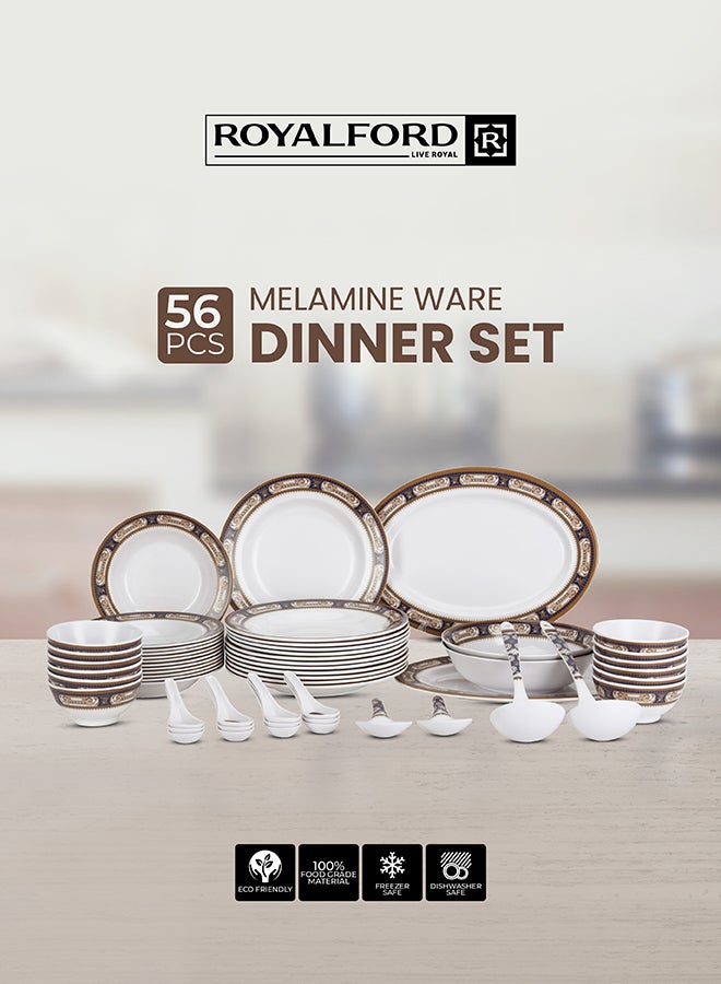 رويال فورد طقم عشاء مكون من 56 قطعة من الميلامين مع 2 صحن بيضاوي 36 سم، 12 صحن عميق 25 سم، 12 صحن عميق 20 سم، 12 وعاء دائري 11 سم، 2 وعاء تقديم 22 سم، 2 ملعقة أرز، 2 مغرفة، 12 ملعقة شوربة 14 سم، يخدم 12 شخصًا لتجمعات العائلة، متعدد الألوان - Image 1