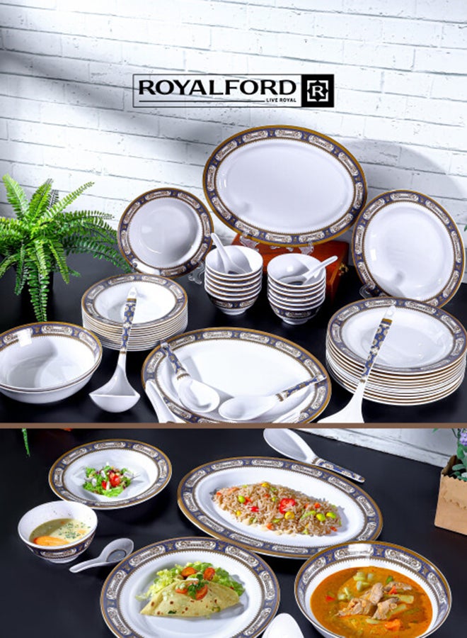 رويال فورد طقم عشاء مكون من 56 قطعة من الميلامين مع 2 صحن بيضاوي 36 سم، 12 صحن عميق 25 سم، 12 صحن عميق 20 سم، 12 وعاء دائري 11 سم، 2 وعاء تقديم 22 سم، 2 ملعقة أرز، 2 مغرفة، 12 ملعقة شوربة 14 سم، يخدم 12 شخصًا لتجمعات العائلة، متعدد الألوان - Image 5