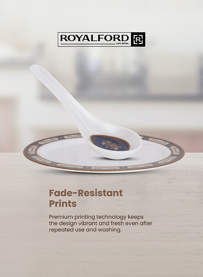 رويال فورد طقم عشاء مكون من 56 قطعة من الميلامين مع 2 صحن بيضاوي 36 سم، 12 صحن عميق 25 سم، 12 صحن عميق 20 سم، 12 وعاء دائري 11 سم، 2 وعاء تقديم 22 سم، 2 ملعقة أرز، 2 مغرفة، 12 ملعقة شوربة 14 سم، يخدم 12 شخصًا لتجمعات العائلة، متعدد الألوان - Image 4