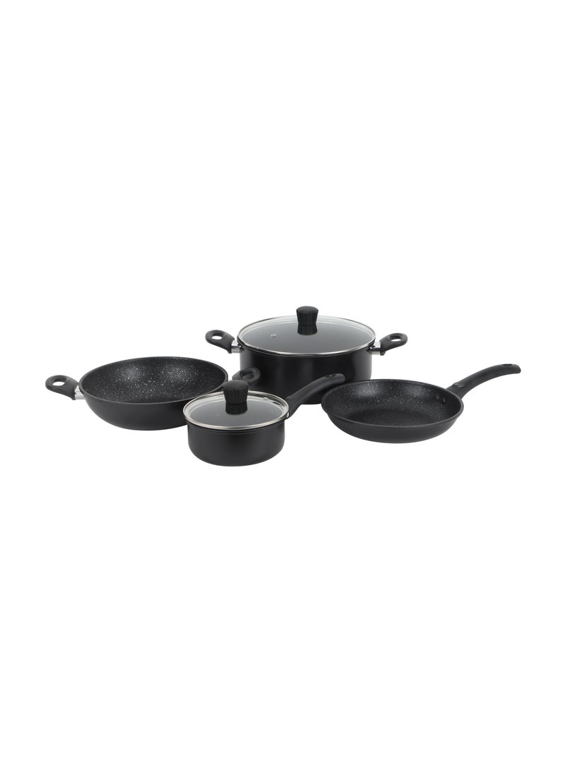 Royalford Royalford Aurora 6-piece Forged Aluminum Cookware Set- RF12628/ Durable Nonstick Granite Coating with 5-Layer Construction, Dot Induction Bottom and Glass Lid/ Includes Kadai, Casserole, Saucepan, Fry Pan Black Largecm  - Image 1