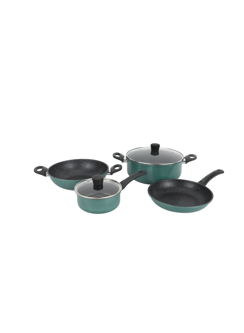 Royalford Royalford Daisy 6-piece Forged Aluminum Cookware Set- RF12629/ Durable Nonstick Granite Coating with 5-Layer Construction, Dot Induction Bottom and Glass Lid/ Includes Kadai, Casserole, Saucepan, Fry Pan Turquoise Largecm  - Image 1