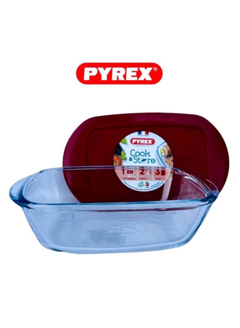 Pyrex Cook & Store Rectangular Roaster with Lid - 400ML Capacity for Versatile Cooking and Storing Red 400ml - Image 2