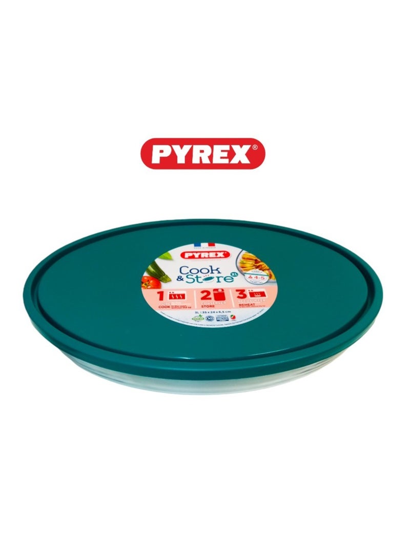 بيريكس Pyrex Cook & Store XL Oval Roaster with Lid - 3L Capacity (35x24x6cm) for Versatile Cooking and Storing Green 3Liters  - Image 1