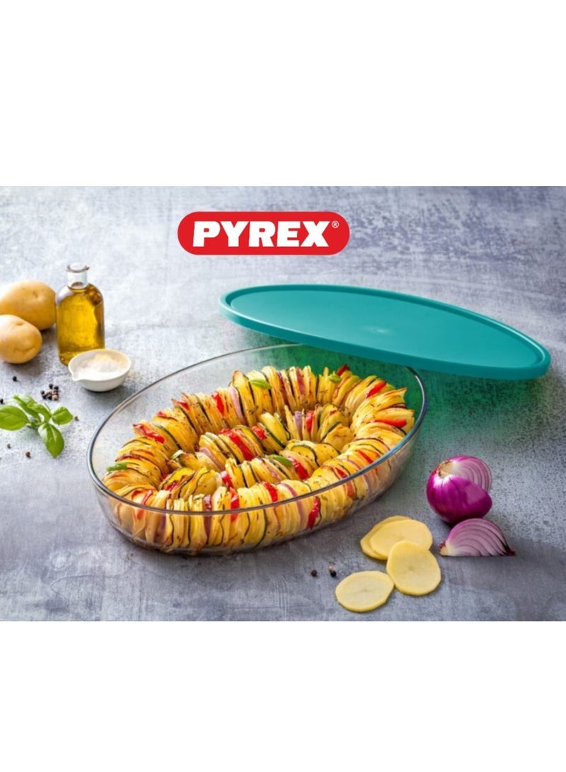 بيريكس Pyrex Cook & Store XL Oval Roaster with Lid - 3L Capacity (35x24x6cm) for Versatile Cooking and Storing Green 3Liters  - Image 4