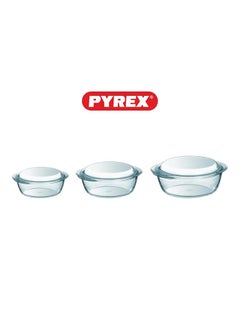 PYREX Pyrex Essential Round Casserole Set of 3 (3L + 2.1L + 1.3L) - Durable Borosilicate Glass with Glass Lids, Oven, Microwave, Freezer, and Dishwasher Safe Set Of 3 (3L+2.1L+1.4L)  - Image 2