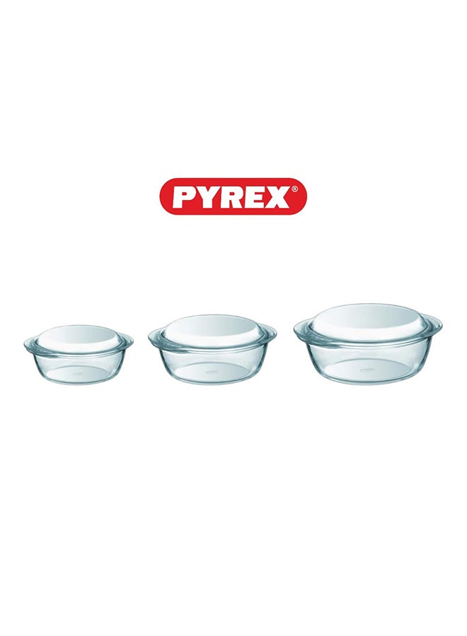 PYREX - Pyrex Essential Round Casserole Set of 3 (3L + 2.1L + 1.3L) - Durable Borosilicate Glass with Glass Lids, Oven, Microwave, Freezer, and Dishwasher Safe Set Of 3 (3L+2.1L+1.4L) - Image 1