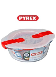 PYREX Pyrex Cook & Heat Round Borosilicate Glass Roaster with Airtight Lid, 14x12cm – Oven, Freezer, Microwave Safe White 1Liters  - Image 1