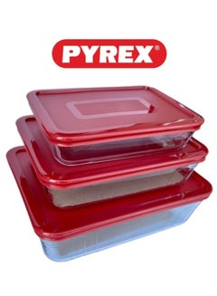 PYREX Pyrex 3-in-1 Rectangular Glass Baking Dish Set - 1.5L, 0.8L, and 2.6L with Red Lids Red  - Image 1