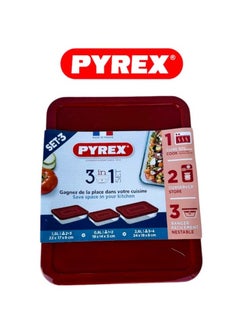 PYREX Pyrex 3-in-1 Rectangular Glass Baking Dish Set - 1.5L, 0.8L, and 2.6L with Red Lids Red  - Image 3