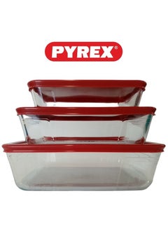PYREX Pyrex 3-in-1 Rectangular Glass Baking Dish Set - 1.5L, 0.8L, and 2.6L with Red Lids Red  - Image 2