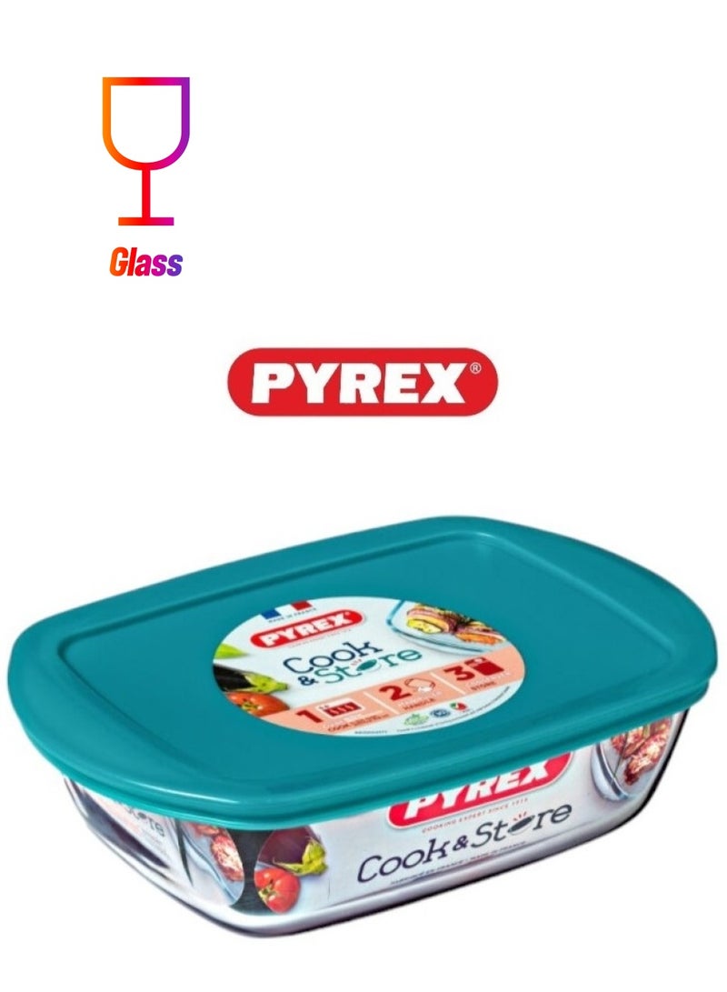 بيريكس Pyrex Cook & Store Rectangular Glass Dish with Green Lid (400ml, 17x10x5cm) – Microwave, Freezer, and Dishwasher Safe Green 400ml  - Image 1