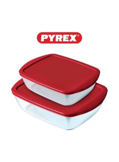 PYREX Pyrex Cook & Store Set of 2 Rectangular Roaster with Red Lids, 1.2L + 2.5L Red  - Image 1
