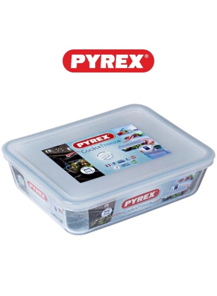 Pyrex Cook&Heat Rectangular Borosilicate Glass Roaster with Airtight Lid, 1.5L – Oven, Freezer, Microwave Safe White 1.5Liters - Image 1