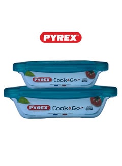PYREX Pyrex Cook & Go Storage Dish Set - 0.8L & 1.9L Rectangular Glass Containers with Airtight Green Lids Green  - Image 1