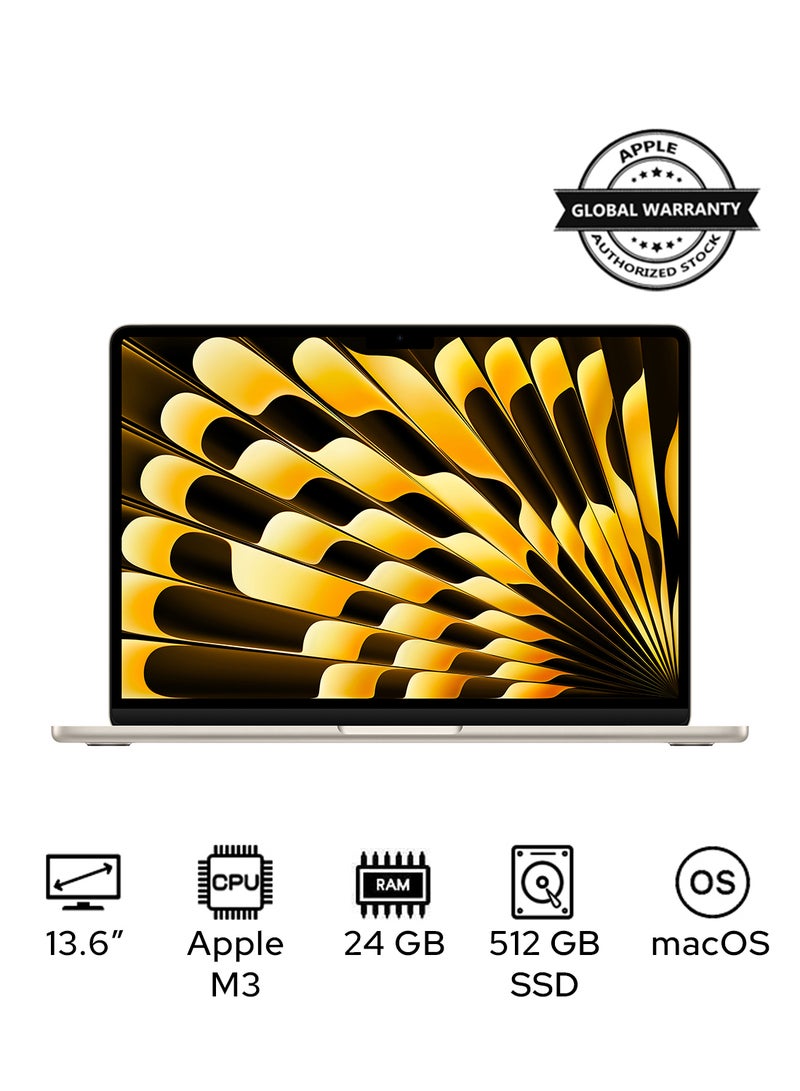 ابل  Customize MacBook Air MC8P4 13.6-inch Display, Apple M3 chip with 8‑core CPU, 10‑core GPU/24GB RAM/512GB SSD/macOS English/Arabic Starlight - Image 1