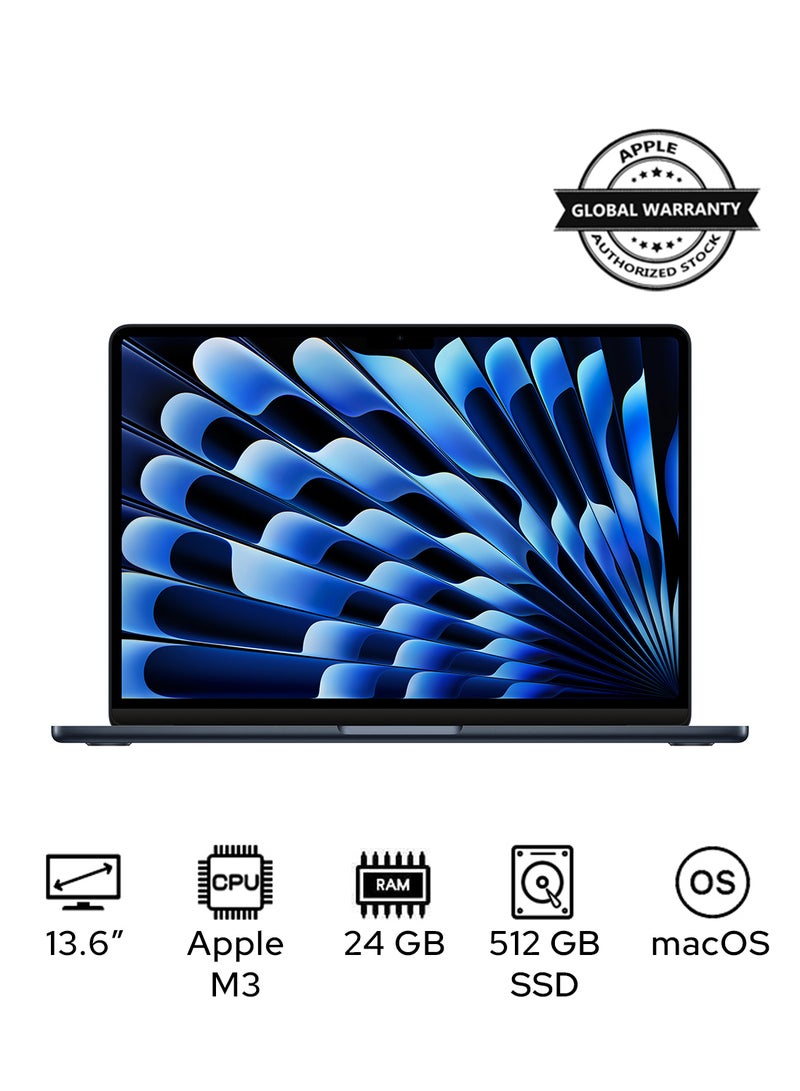 أبل - Customize MacBook Air MC8Q4 13.6-inch Display, Apple M3 chip with 8‑core CPU, 10‑core GPU/24GB RAM/512GB SSD/macOS English/Arabic Midnight - Image 1