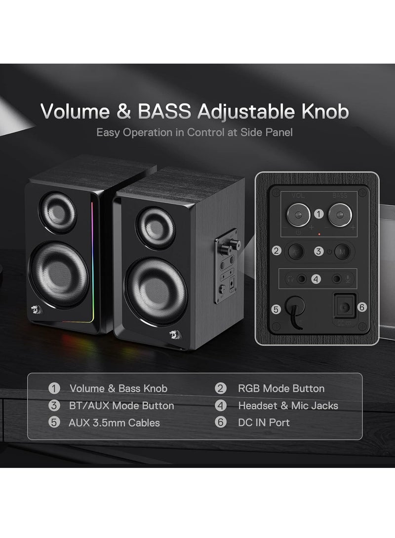 GS812 Wireless RGB Wooden Desktop Speakers, 2.0 Channel Bookshelf Speaker w/BT 5.0/3.5mm AUX Connection, Enhanced Bass/Volume Knob Control, Extra Mic/Audio Jacks & Dynamic RGB Lighting Bar