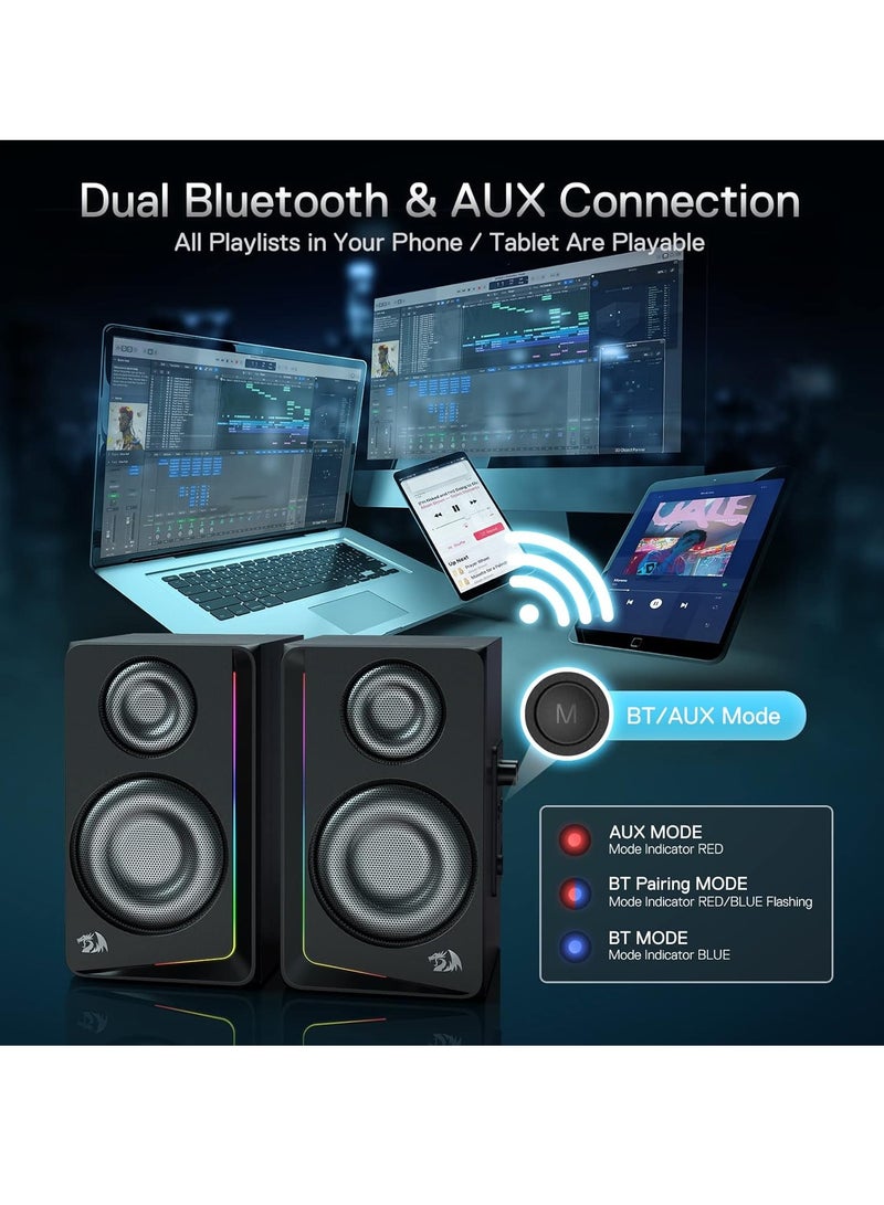 GS812 Wireless RGB Wooden Desktop Speakers, 2.0 Channel Bookshelf Speaker w/BT 5.0/3.5mm AUX Connection, Enhanced Bass/Volume Knob Control, Extra Mic/Audio Jacks & Dynamic RGB Lighting Bar