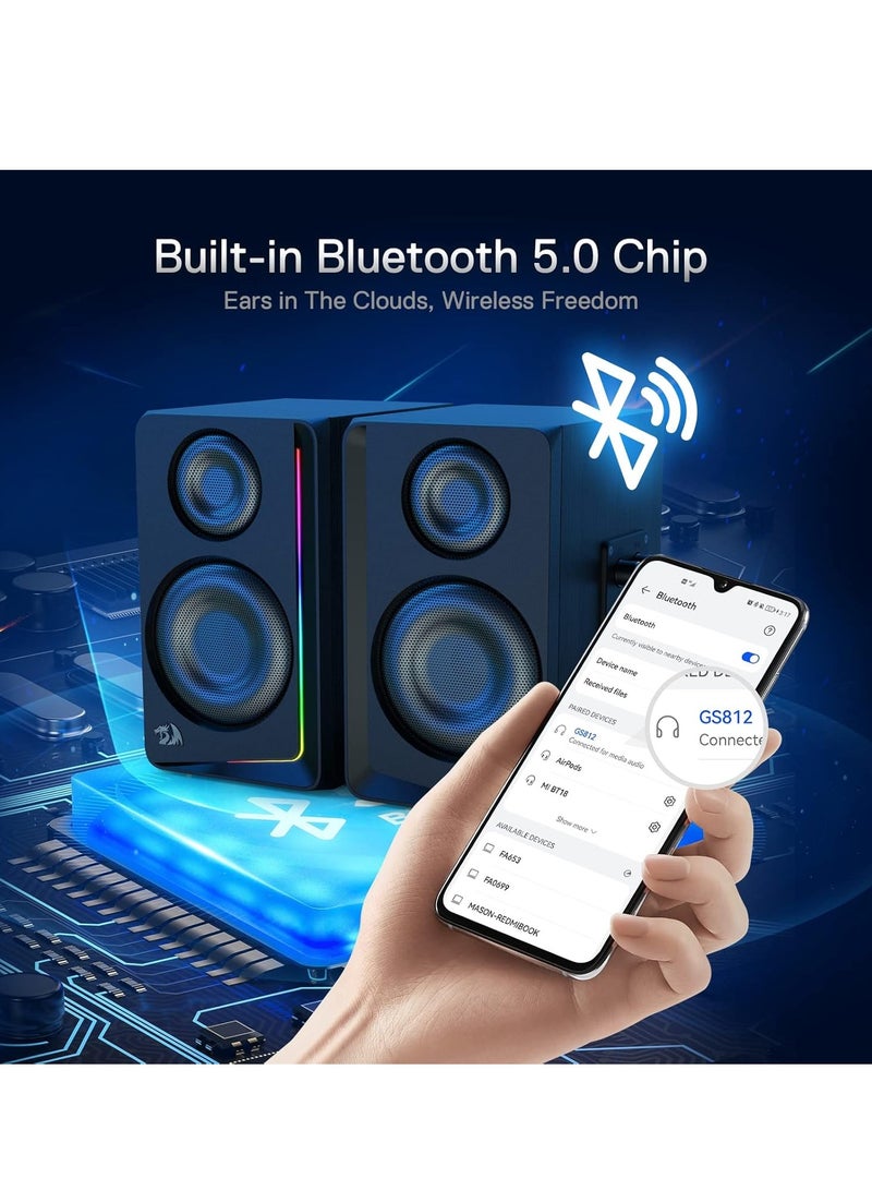 GS812 Wireless RGB Wooden Desktop Speakers, 2.0 Channel Bookshelf Speaker w/BT 5.0/3.5mm AUX Connection, Enhanced Bass/Volume Knob Control, Extra Mic/Audio Jacks & Dynamic RGB Lighting Bar