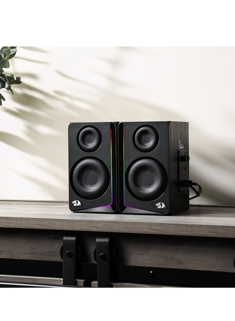 GS812 Wireless RGB Wooden Desktop Speakers, 2.0 Channel Bookshelf Speaker w/BT 5.0/3.5mm AUX Connection, Enhanced Bass/Volume Knob Control, Extra Mic/Audio Jacks & Dynamic RGB Lighting Bar