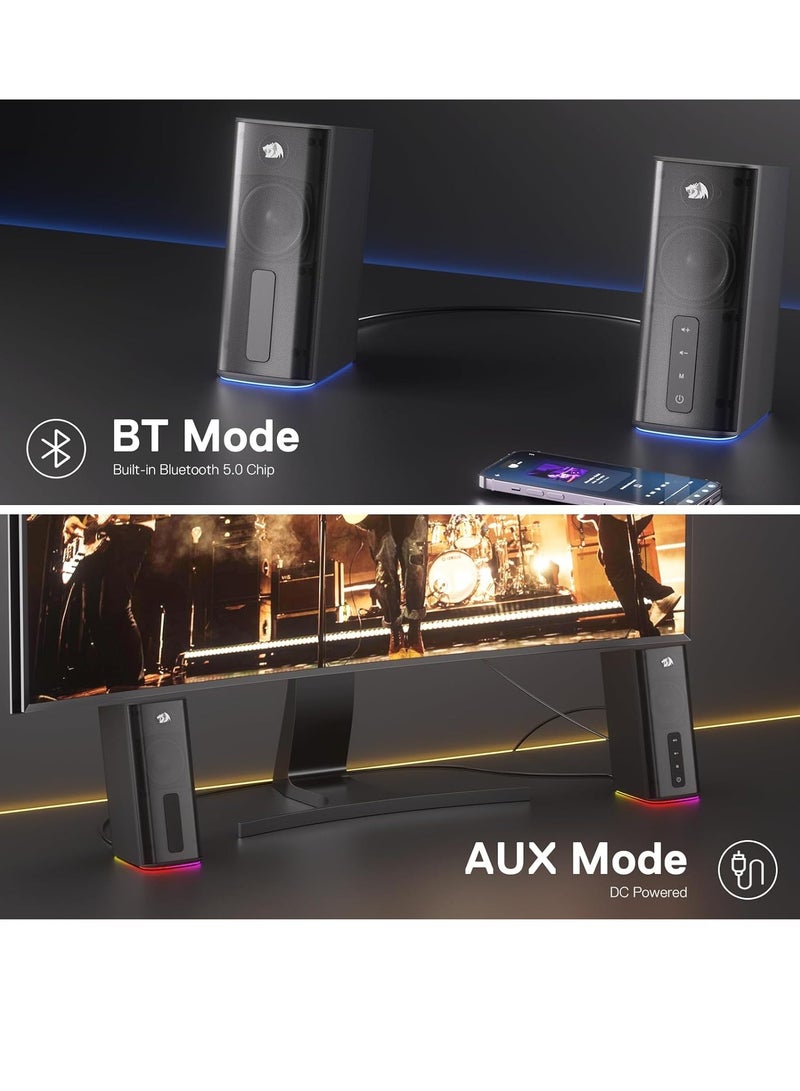 REDRAGON - GS814 Wireless Desktop Speakers, RGB, BT/AUX, 20W , BT 5.0 wireless mode adopted for premium lossless sound quality, stable and no-delay audio transmission makes you get 100% enjoyed with your playlists from your phone, tablet or laptop - Black - Image 1